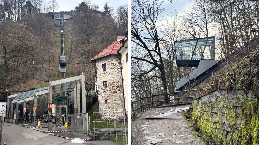 リュブリャナ城と地上をつなぐケーブルカーの様子