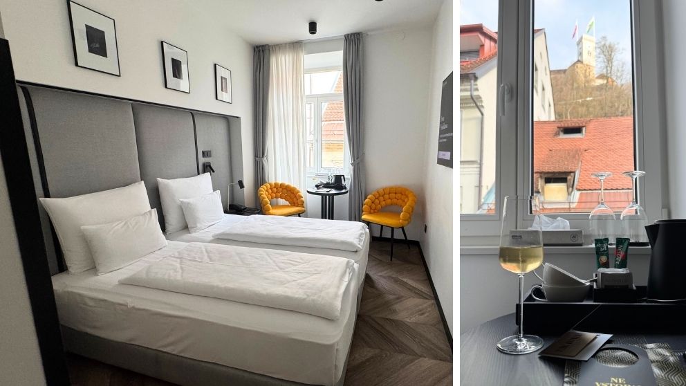 The Hotel Ljubljanaのこぢんまりした部屋と窓からの風景