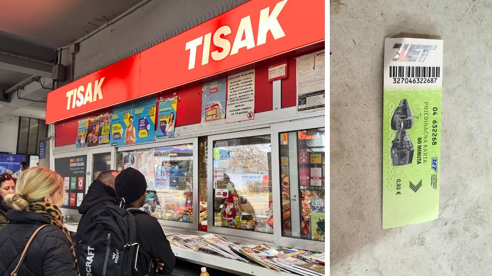 トラムチケットなどが買える売店、Tisakの看板と店舗の様子、購入したトラムチケット
