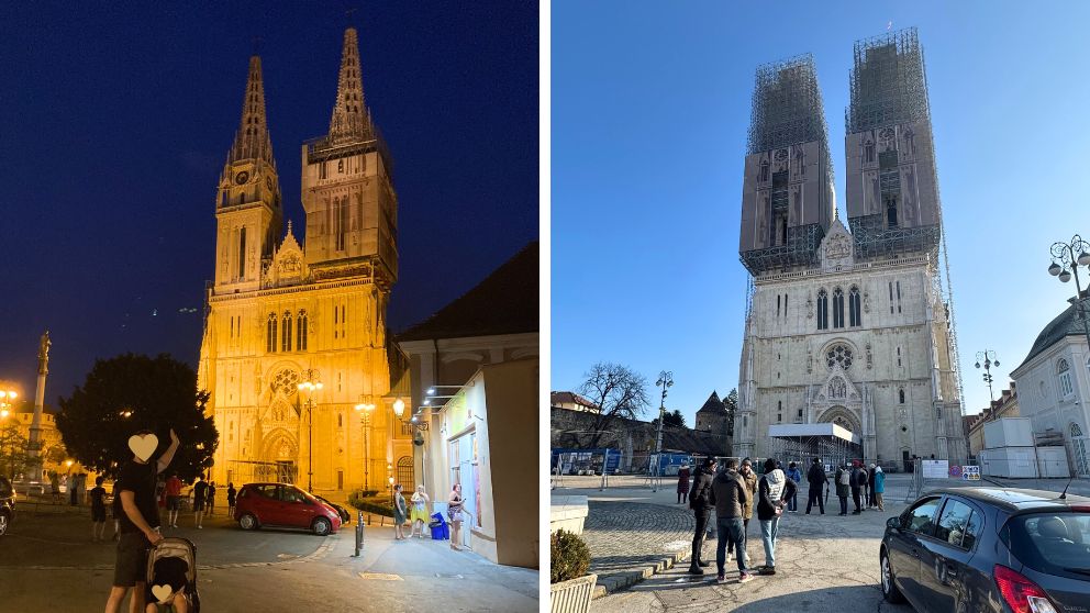 ザグレブ大聖堂の外観。修復中で尖塔に多いがしておある。
左が2022年の画像、右が2026年の画像