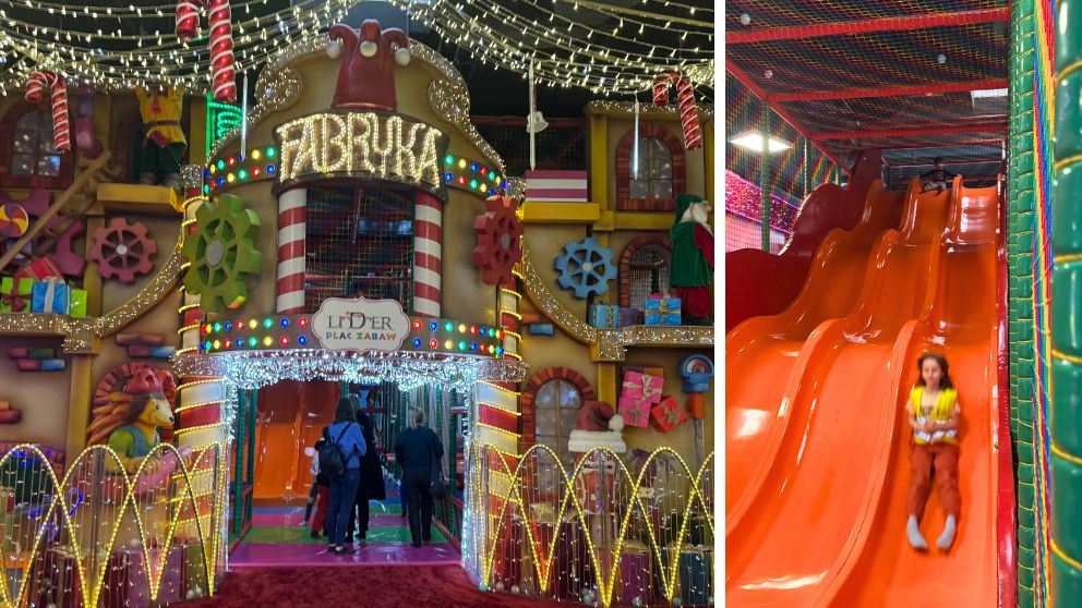 グダニスクのショッピングモールForum Gdansk内の子供の遊び場、Euro-Liderのカラフルで華やかな装飾と、滑り台で遊ぶ子供達