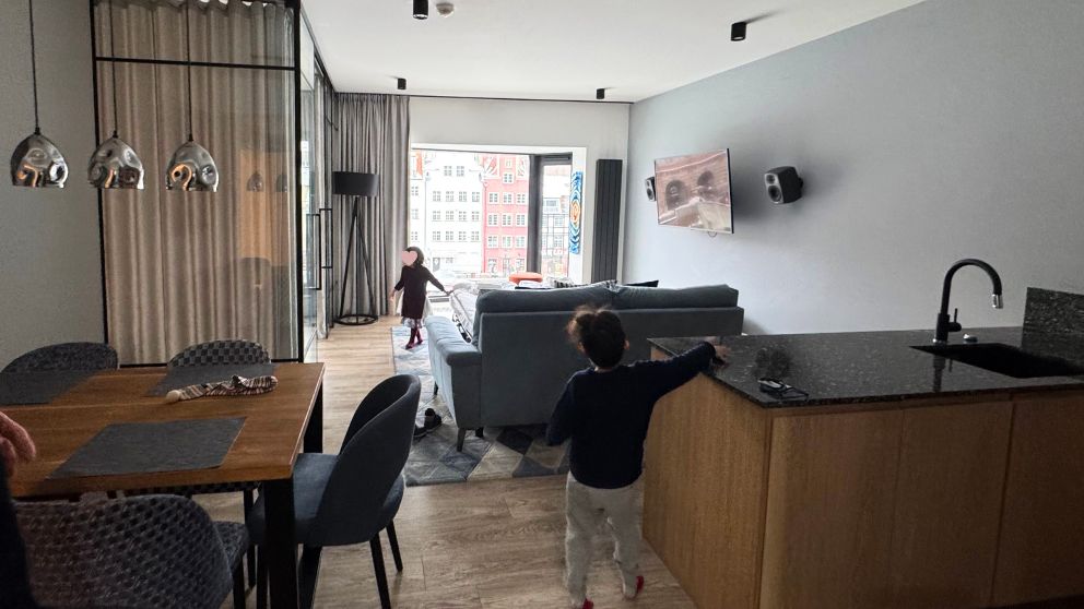 グダニスクのアパートの様子。手前にキッチンとテーブル、奥にソファーベッドと大きな窓