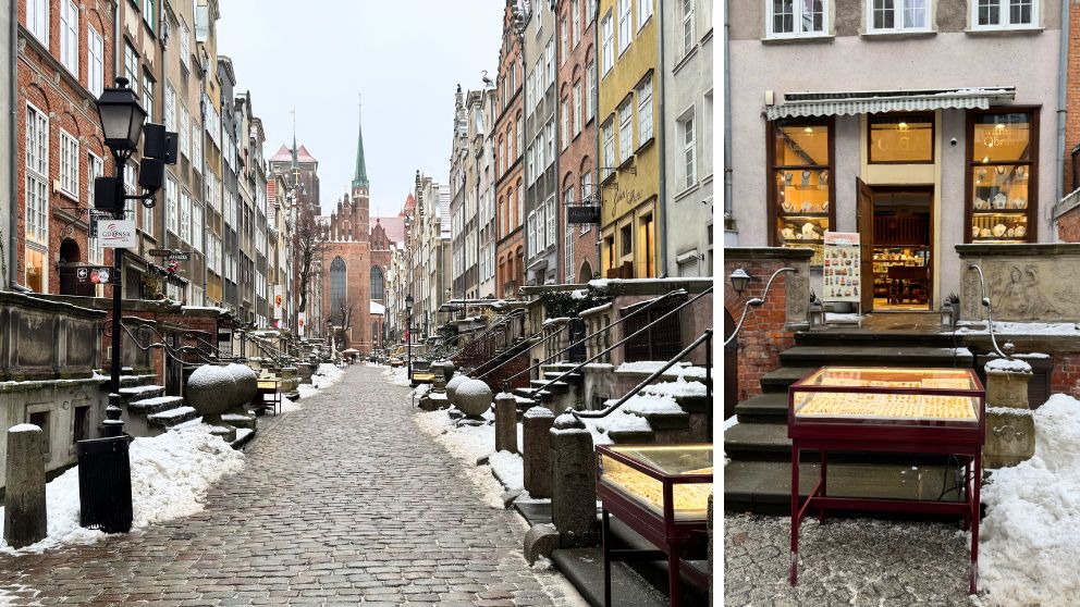 ポーランドのグダニスクのマリアツカ通り、奥には聖マリア教会。琥珀を販売するショップの様子