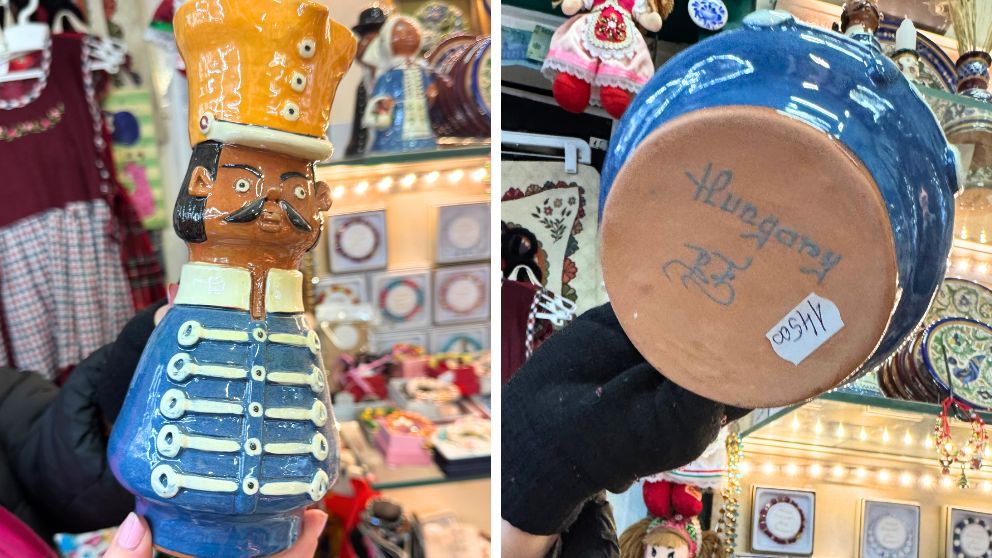 ブダペストのVaci通りで見つけたミシュカのワイン差し。黄色い帽子に浅黒い肌、びっくりしたような表情が印象的な一品