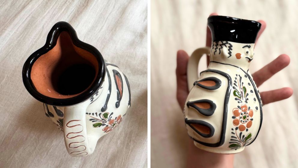 Karcag産のミシュカのワイン差しを上から撮影。また、手の上に乗せてサイズ感も紹介