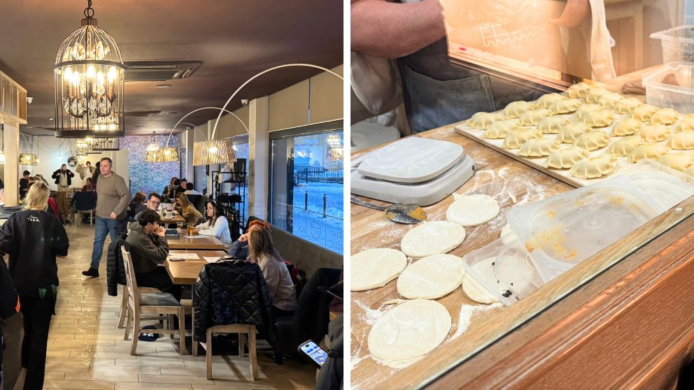 グダニスクにある「Pierogarnia Mandu」というピエロギ専門店の店内の様子と、手作りのピエロギが並んでいる様子