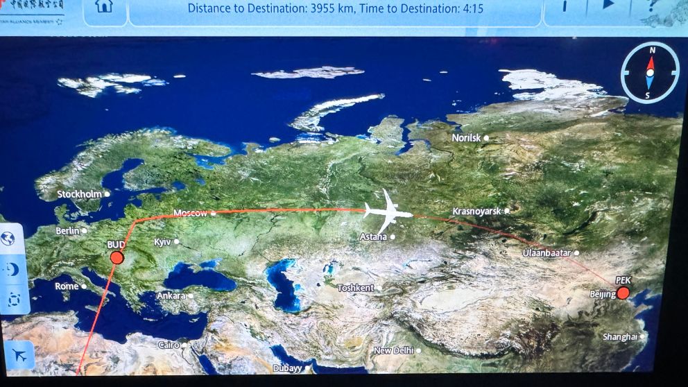 中国国際航空ブダペスト→北京のフライトマップ(ロシア上空ルート)