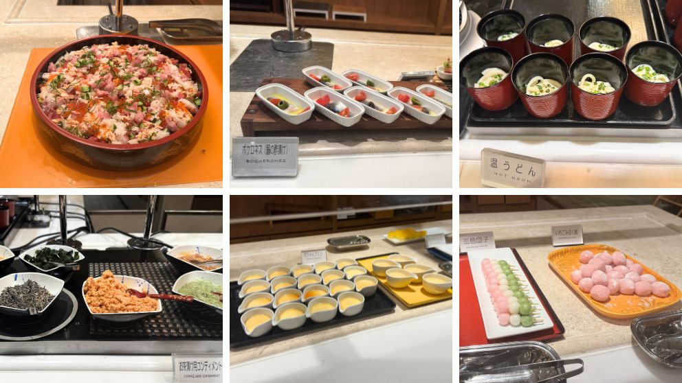 飛鳥Ⅱのリドカフェ&リドガーデンの夜食のラインナップ。新鮮な海鮮ばらちらしの大皿、小鉢に盛られたボケロネス(鰯の酢漬け)、小さな器に入った温うどん、お茶漬け用のトッピング、デザートのプリン、三色団子といちごみるく餅が綺麗に並んでいる