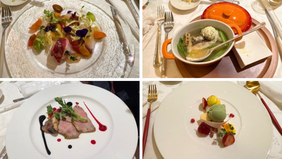 飛鳥Ⅱのディナーで提供された洋食コースの肉料理。柔らかそうな牛肉のステーキに、彩り豊かな焼き野菜が添えられ、深いコクのありそうなソースがかかっている