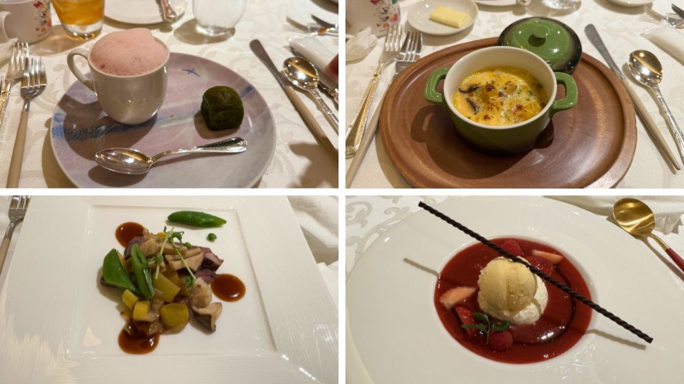飛鳥Ⅱのディナーコースの一部。美しく盛り付けられた前菜やスープなど、高級感のある白いお皿に並んだ複数の料理