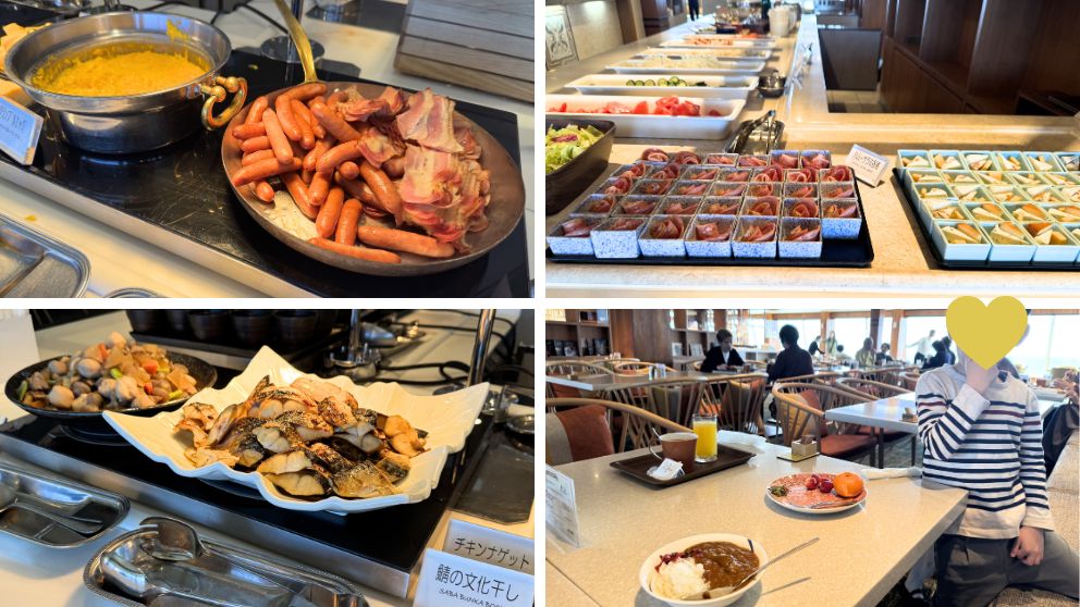 飛鳥Ⅱのリドカフェでの朝食ビュッフェの様子。卵やソーセージやベーコンなどの洋食もあれば、筑前煮やサバの文化干し、カレーなどもある