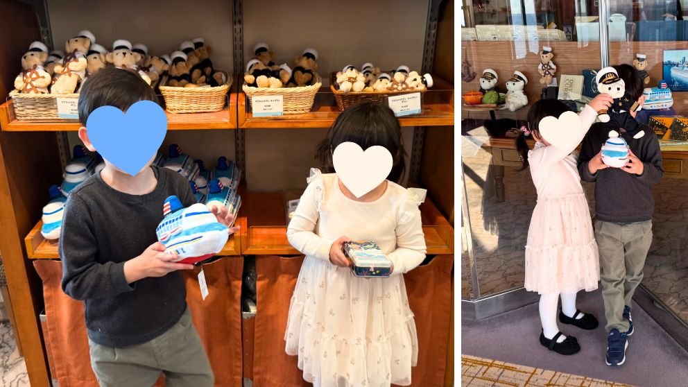 飛鳥Ⅱの船内ショップで、船のぬいぐるみとテディベア、クッキー缶を持つ息子と娘