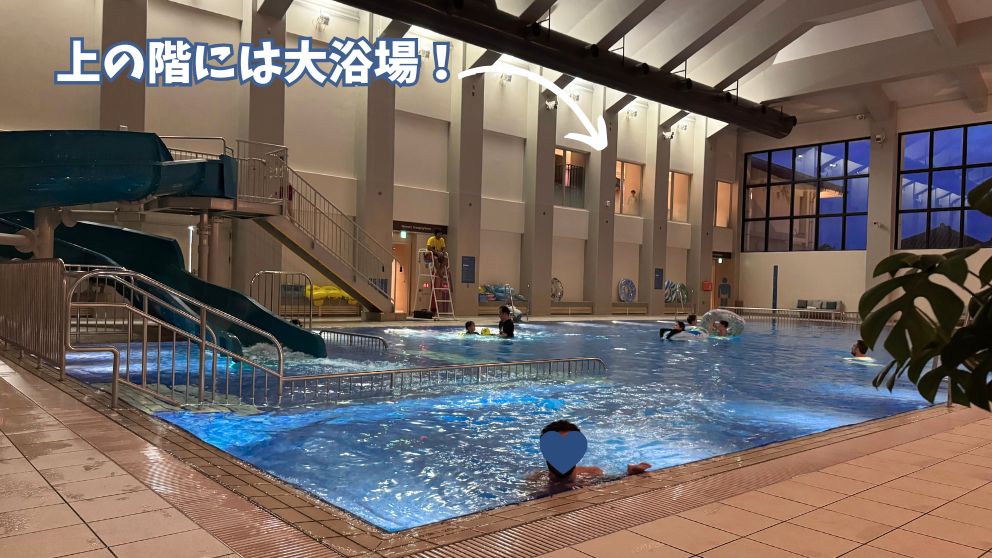 フサキビーチリゾートのインドアプールの夜の様子。上の階には大浴場がある