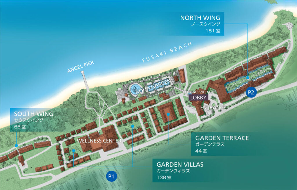 フサキビーチリゾートのマップ。宿泊施設の名称が書かれている