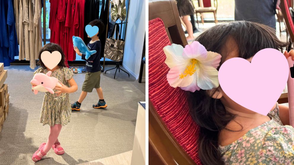 フサキビーチリゾートのお土産物屋さん、Resort Shop & Marketで購入したイルカのぬいぐるみをもつ子ども達、ハイビスカスのヘアクリップをした娘