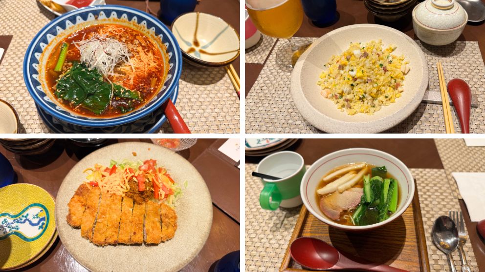 フサキビーチリゾートの琉球新天地レストランでディナータイムにオーダーした担々麺・チャーハン・タコライスととんかつ・ミニラーメン