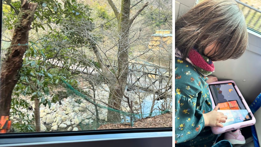 箱根の山道を走るバスの車窓風景と、車内でタブレットを見る娘