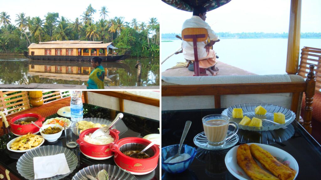ケララのバックウォーターを行くハウスボート、船頭さん、伝統的なケララランチ、チャイとパイナップルのおやつタイム