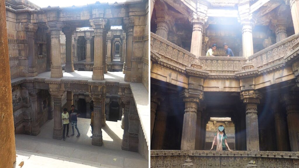 グジャラートのアダラジ階段井戸。精巧な彫刻が施された多層構造の美しい内部