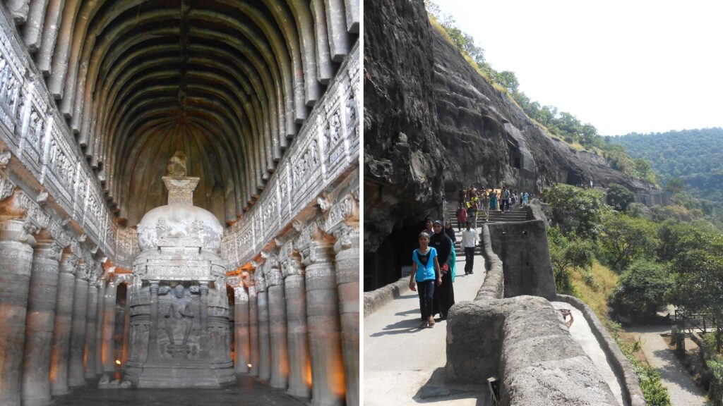 アジャンタ石窟群の仏教窟内部と断崖に並ぶ石窟の外観(マハーラーシュトラ州・ユネスコ世界遺産)