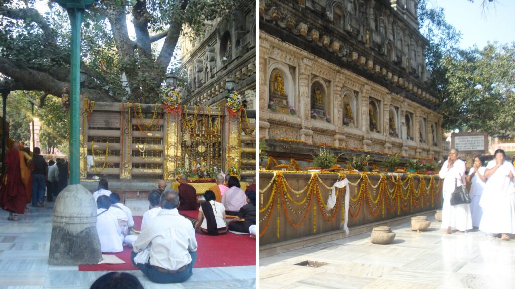 ブッダガヤの菩提樹とヴァジュラーサナ(金剛宝座)で訪問者たちが瞑想する様子