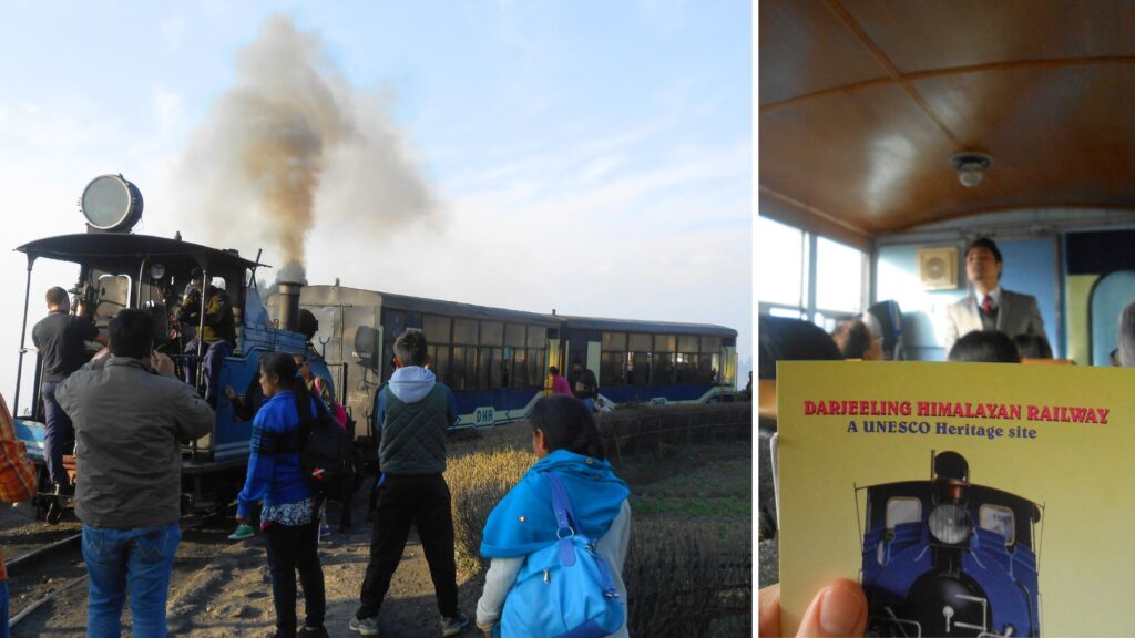 ユネスコ世界遺産のダージリン・ヒマラヤ鉄道(トイトレイン)の蒸気機関車と、車内で配られる案内冊子