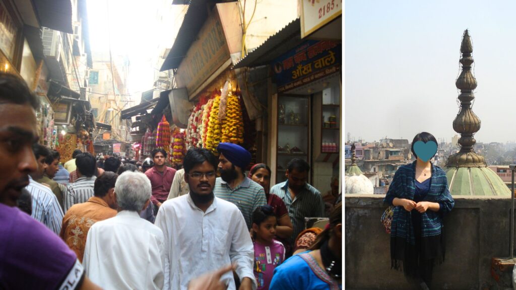 オールドデリーのの賑やかな路地と、廃墟から見るオールドデリーの眺め