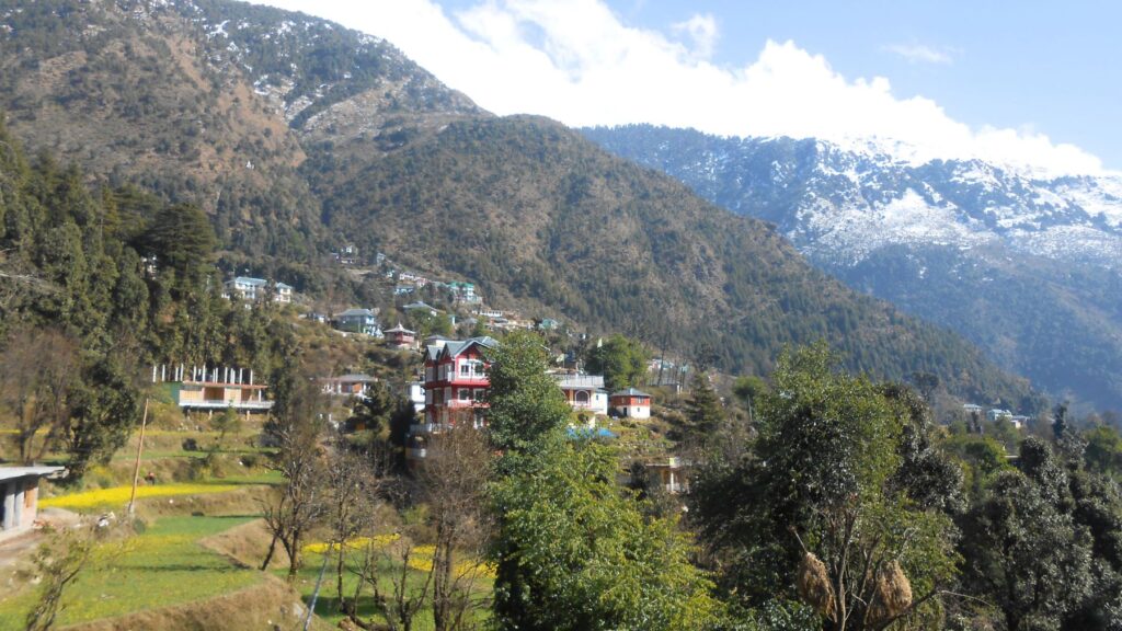 ダウラダール山脈の雪山を背景に家々が点在するマクロードガンジの山の風景