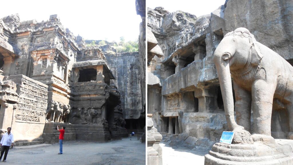 エローラ石窟群のカイラーサ寺院と象の彫刻。人と比べるとそのスケールの大きさがわかる