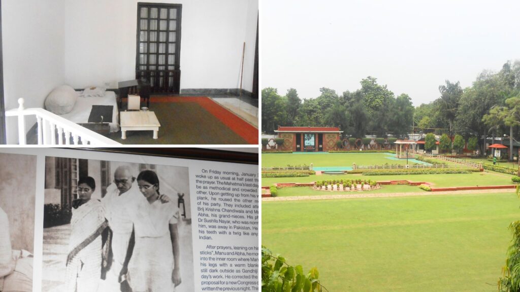 ガンジーが最期の144日間を過ごしたガンジー・スムリティの質素な居室と歴史写真、暗殺の地となった庭園