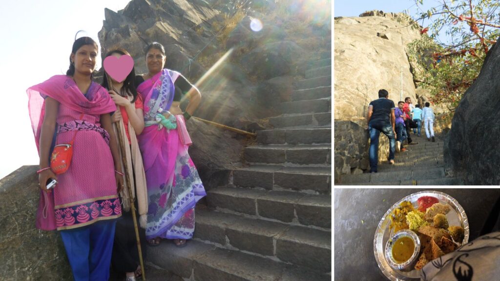 ギルナール山の巡礼路で地元女性と記念撮影。急な石段の登山とプラサード