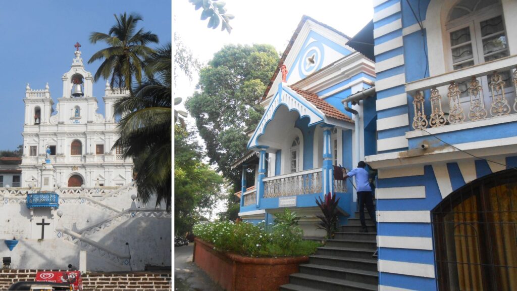 パナジのシンボル、無原罪懐胎教会の白いバロック様式の外観と、フォンタイーニャス地区の青いポルトガルコロニアル建築。西洋的な雰囲気