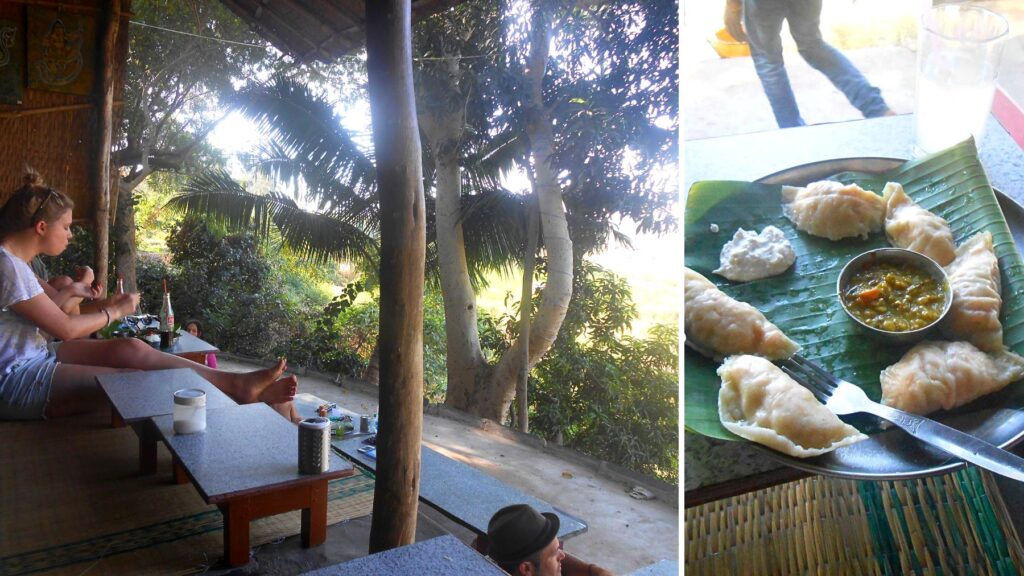 ハンピの川沿いのカフェとバナナの葉に盛られた食事