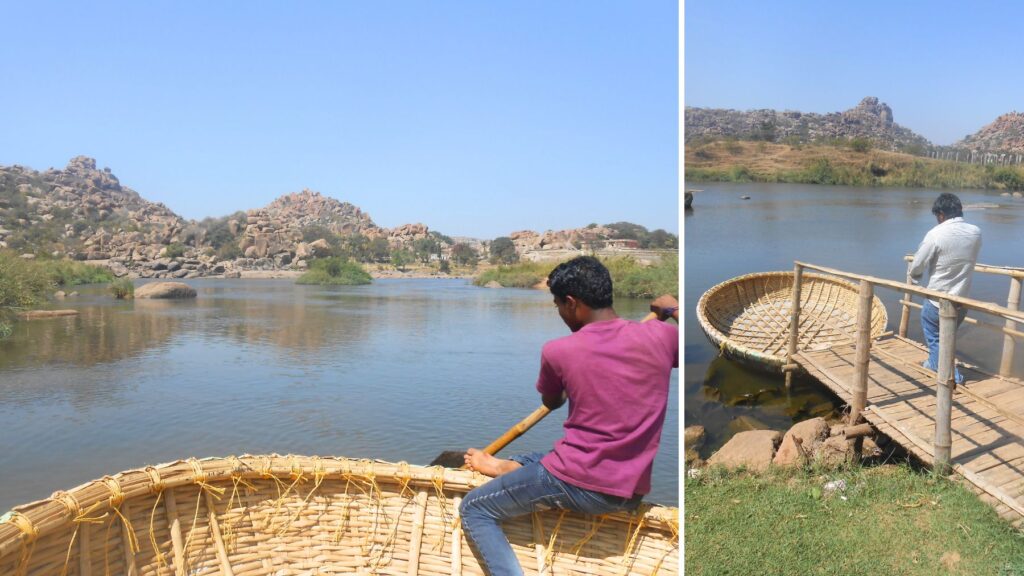 ハンピのタングバドラ川を丸い籠舟コラクルで渡る。奇岩の丘が広がる世界遺産の風景