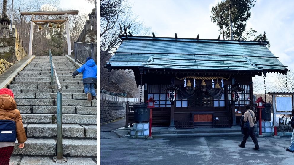 伊香保温泉の石段と、石段上部にある伊香保神社の社殿