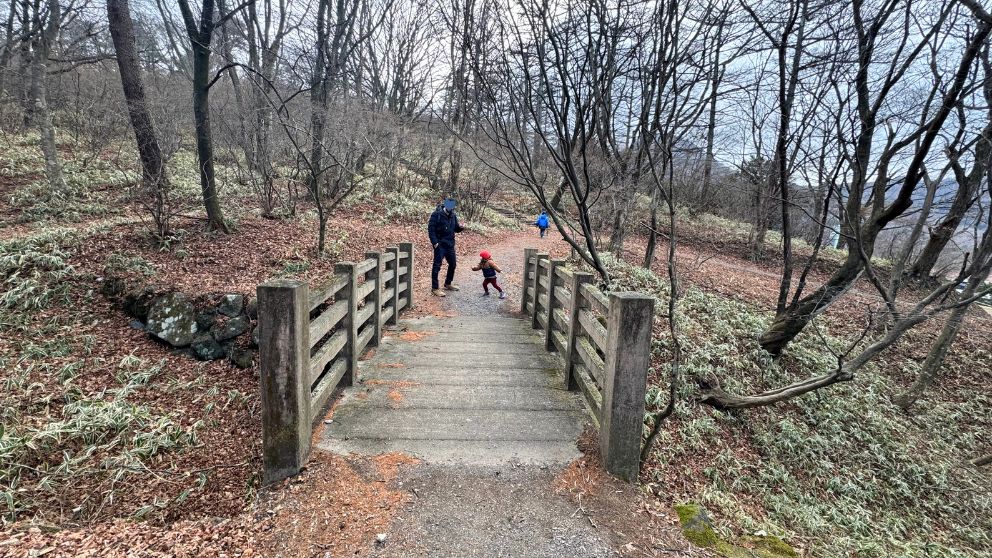 伊香保ロープウェイ山頂の散策路を歩く家族の様子