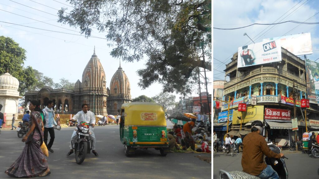インドールの街角に立つヒンドゥー寺院とオートリキシャ、ヒンディー語の看板が並ぶ商店街
