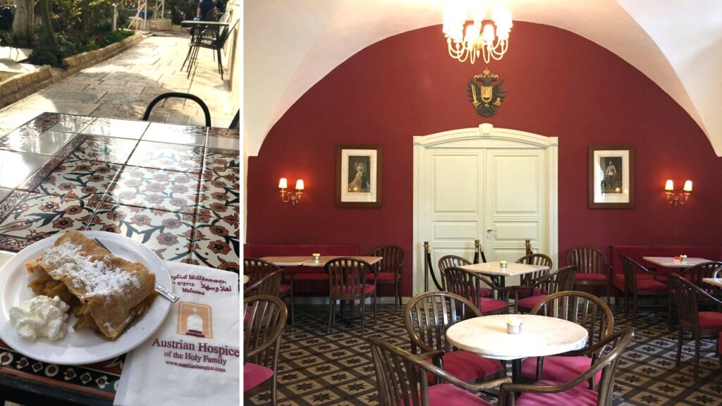 オーストリアン・ホスピスのカフェ。アラブ風タイルのテラスと、ウィーン風の優雅な赤い内装