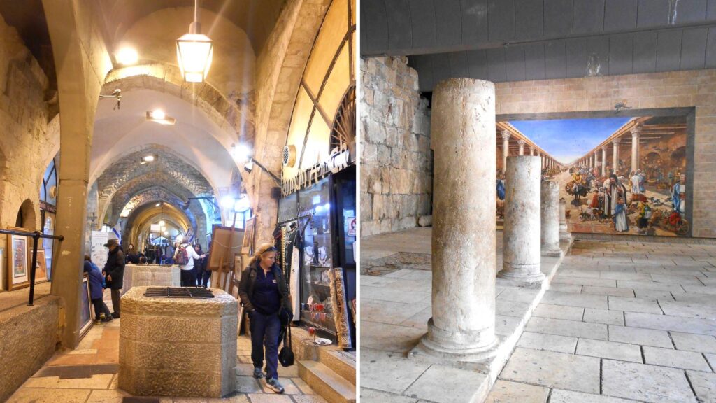 エルサレム旧市街のカルド。石造りのアーチが続くショッピングアーケードと、ローマ時代の柱と壁画が残る屋内展示