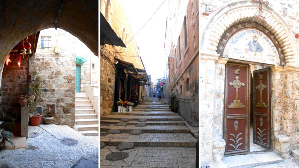 エルサレム旧市街のキリスト教地区。石造りのアーチ、細い石段の路地、正教会の十字架が彫られた木製の扉が並ぶ静かな雰囲気