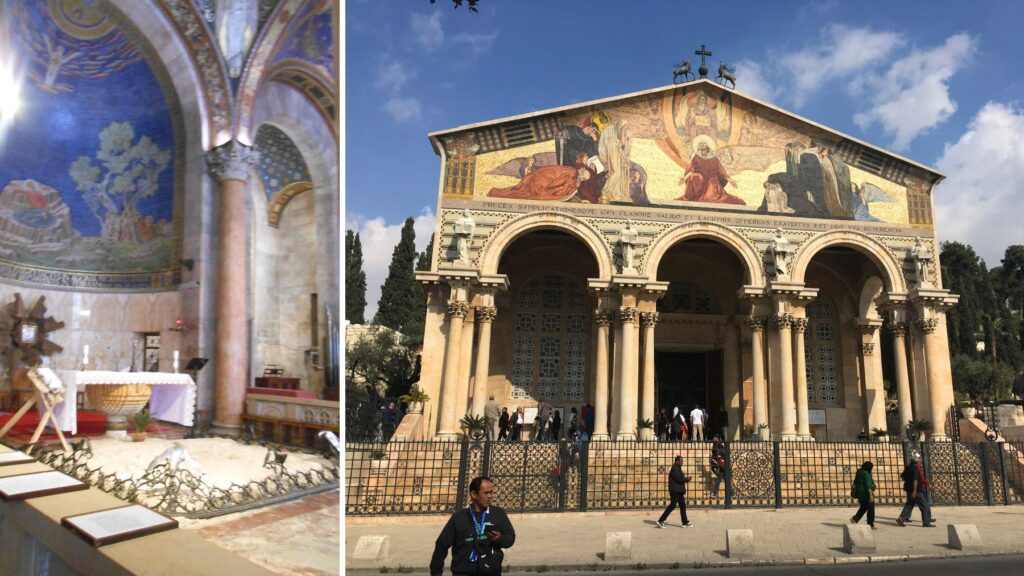 ゲッセマネの庭に隣接する万国民の教会。金色のモザイクで飾られた美しい正面ファサード