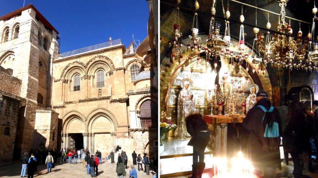 聖墳墓教会の外観と内部。十字軍時代から続く歴史的な外壁と、燭台が煌めく祭壇の様子