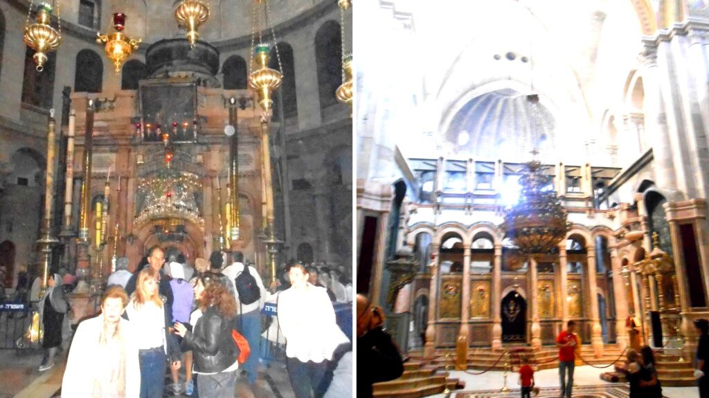 聖墳墓教会内のエディクル(イエスの墓を覆う小さな建物)。大勢の巡礼者が周囲に集まっている