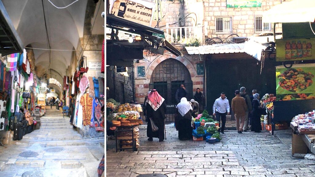 エルサレム旧市街のスーク(市場)。アーケードが続く細い路地と、活気あふれる屋外市場の様子