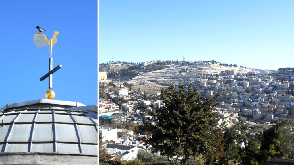 聖ペテロ・ガリカントゥ教会のドームに立つ金色のニワトリの風見鶏と、オリーブ山を望むエルサレムの景観