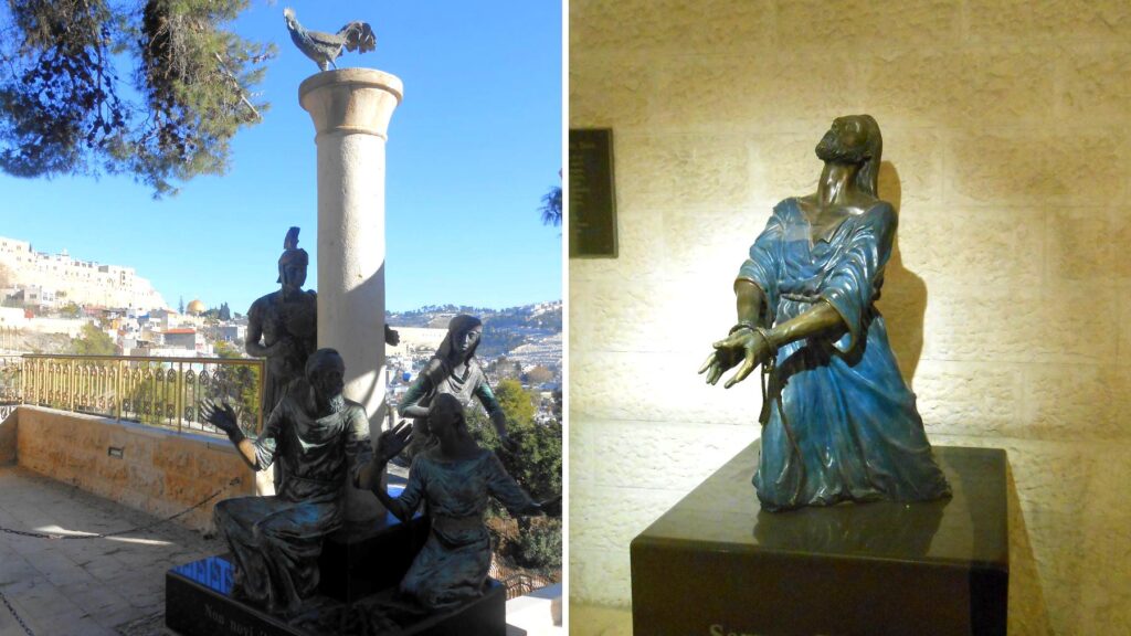 聖ペテロ・ガリカントゥ教会のブロンズ像。屋外のペテロの否認の場面と、屋内の縛られたイエス(Servus Domini)の像