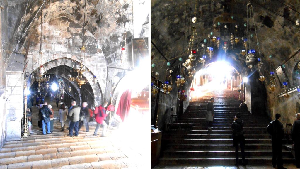 ゲッセマネの庭に隣接する聖母マリアの墓。吊りランプが灯る石段が地下の墓所へと続く