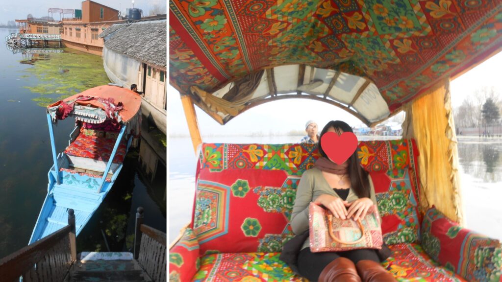 スリナガルのダル湖に浮かぶカラフルな布で飾られたシカラ船と、船内でくつろぐ旅人