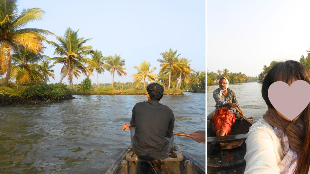 ケララバックウォーターを行く小型の木造舟