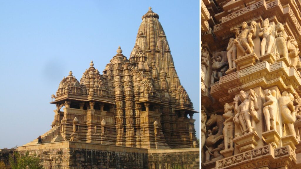 カジュラホのヒンドゥー寺院の優美な塔と外壁を飾る官能的な彫刻群